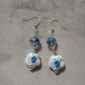Blue Floral Porcelain Drop Earrings for Women